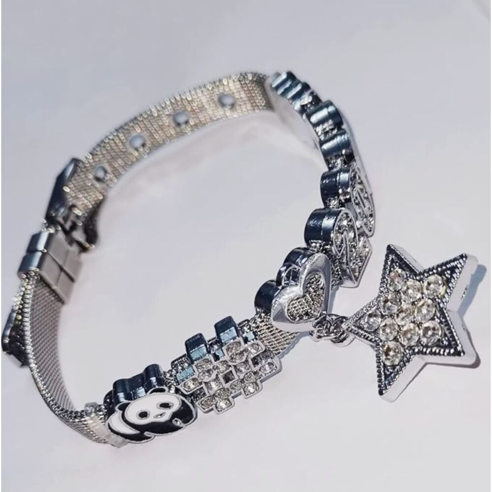 Y2K Silver Rhinestone Star Charm Bracelet